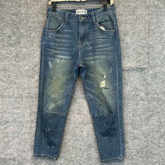 WILDFOX Jeans Women's Size 24 Blue Paint Splatter Baggy Crop Da Vinci Distressed - Picture 1 of 16